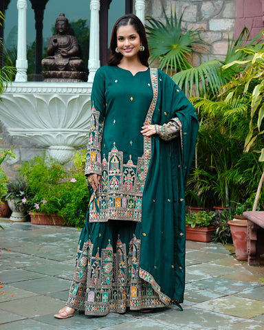 Party Wear Teal Green Color Silk Embroidery With Coding Dori And Sequence Work Palazzo Suit