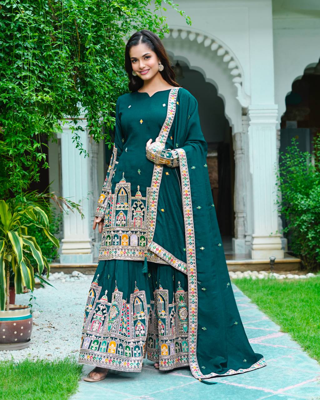 Party Wear Teal Green Color Silk Embroidery With Coding Dori And Sequence Work Palazzo Suit