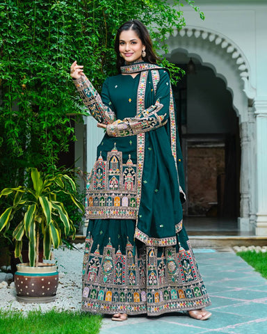 Party Wear Teal Green Color Silk Embroidery With Coding Dori And Sequence Work Palazzo Suit