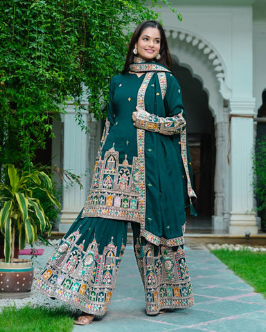 Party Wear Teal Green Color Silk Embroidery With Coding Dori And Sequence Work Palazzo Suit
