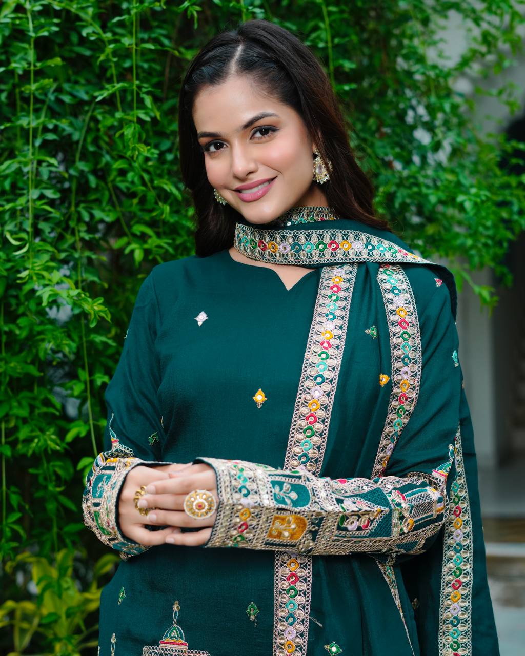 Party Wear Teal Green Color Silk Embroidery With Coding Dori And Sequence Work Palazzo Suit