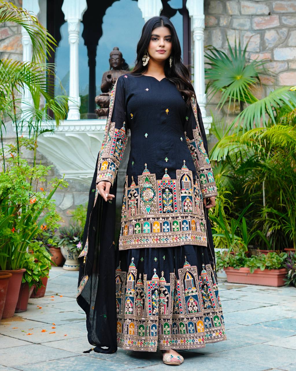 Party Wear Black Color Silk Embroidery With Coding Dori And Sequence Work Palazzo Suit