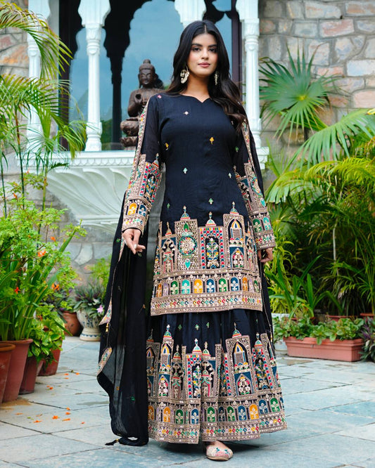 Party Wear Black Color Silk Embroidery With Coding Dori And Sequence Work Palazzo Suit