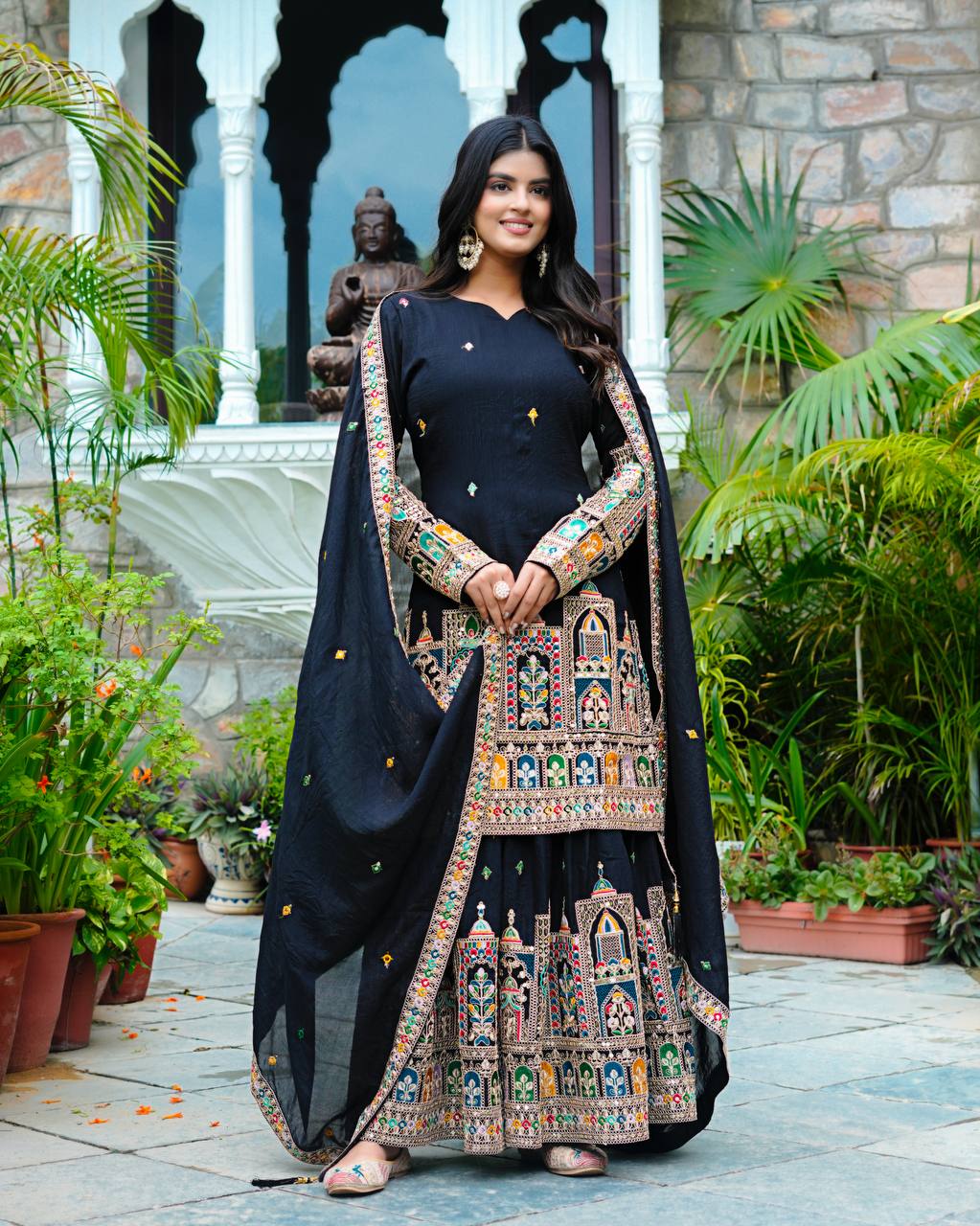 Party Wear Black Color Silk Embroidery With Coding Dori And Sequence Work Palazzo Suit