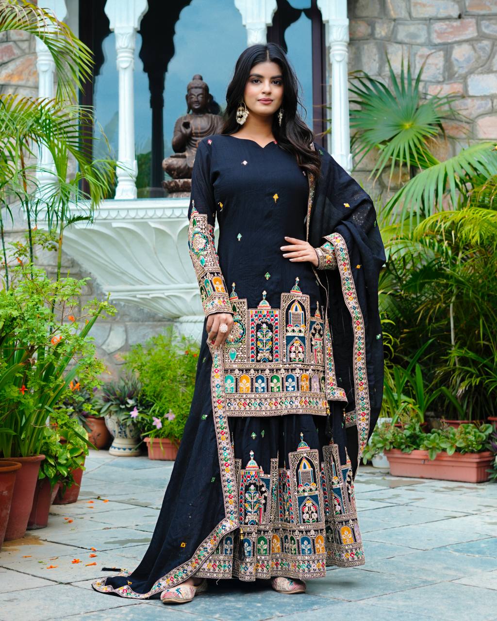 Party Wear Black Color Silk Embroidery With Coding Dori And Sequence Work Palazzo Suit