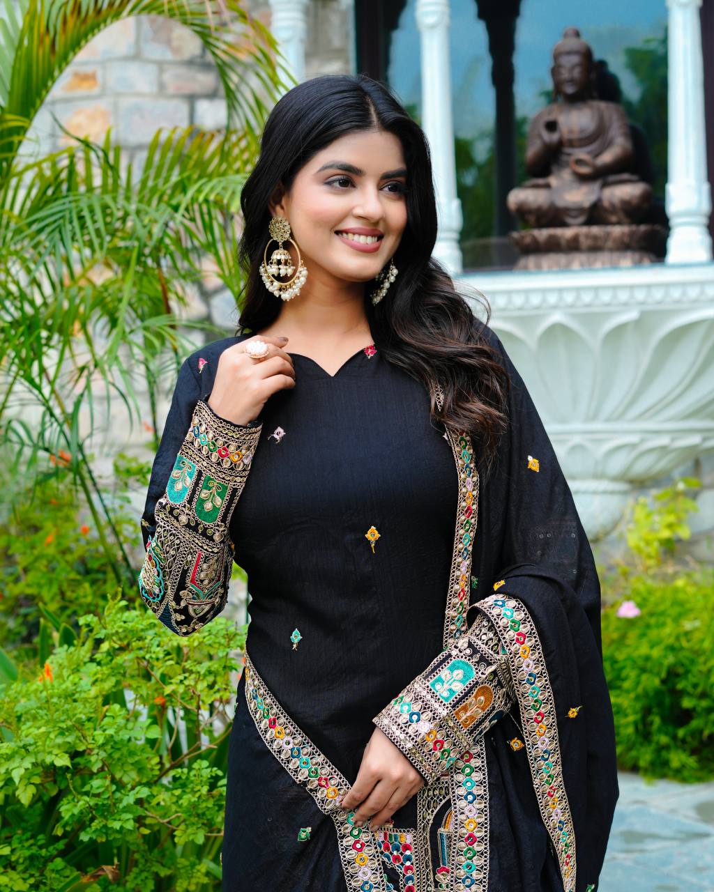 Party Wear Black Color Silk Embroidery With Coding Dori And Sequence Work Palazzo Suit