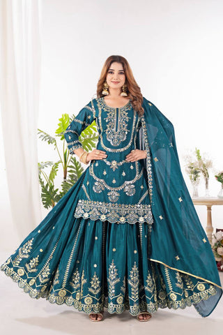Festive Wear Teal Green Color Embroidery With Coding Sequence Work Palazzo Suit
