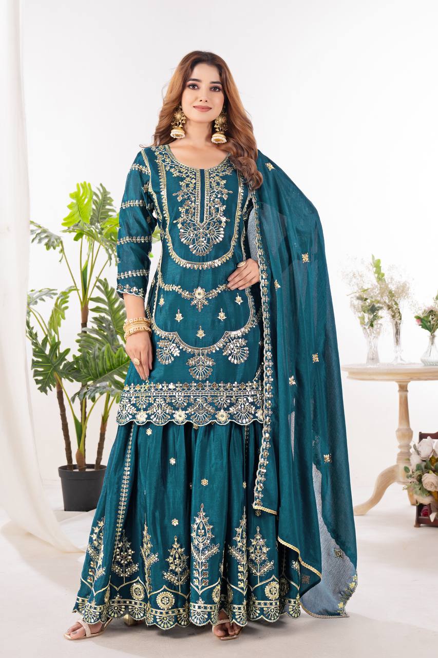 Festive Wear Teal Green Color Embroidery With Coding Sequence Work Palazzo Suit