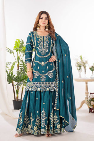 Festive Wear Teal Green Color Embroidery With Coding Sequence Work Palazzo Suit