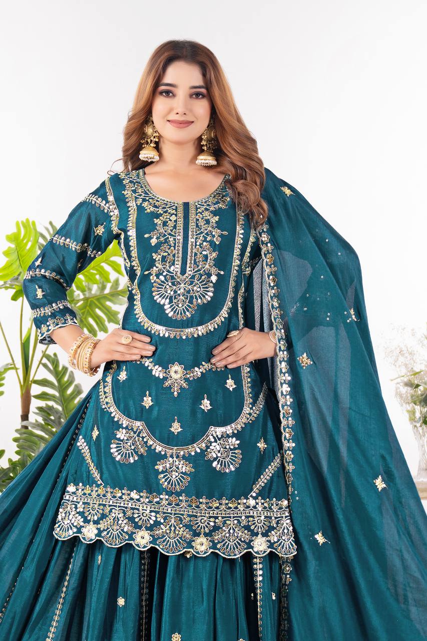Festive Wear Teal Green Color Embroidery With Coding Sequence Work Palazzo Suit