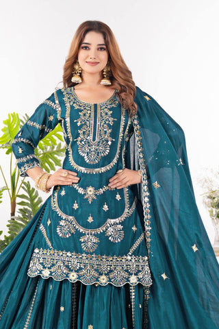 Festive Wear Teal Green Color Embroidery With Coding Sequence Work Palazzo Suit