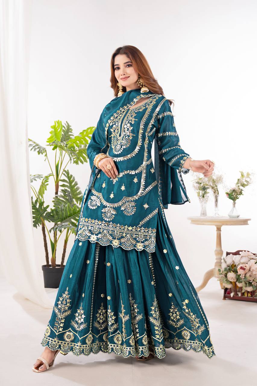 Festive Wear Teal Green Color Embroidery With Coding Sequence Work Palazzo Suit