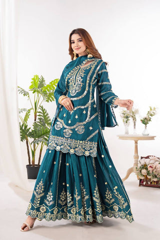 Festive Wear Teal Green Color Embroidery With Coding Sequence Work Palazzo Suit