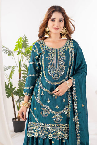Festive Wear Teal Green Color Embroidery With Coding Sequence Work Palazzo Suit