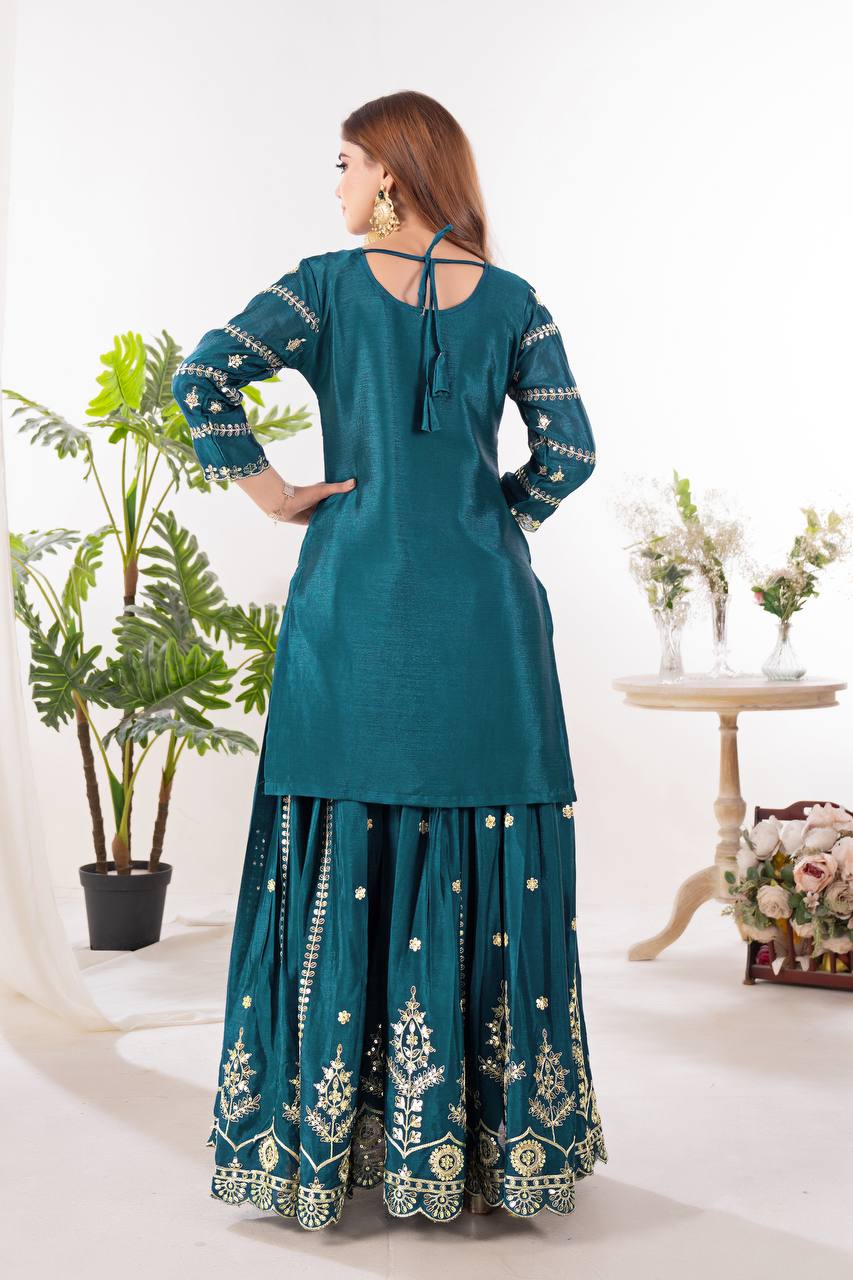 Festive Wear Teal Green Color Embroidery With Coding Sequence Work Palazzo Suit
