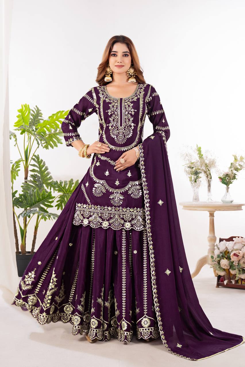 Function Wear Wine Color Embroidery With Coding Sequence Work Palazzo Suit
