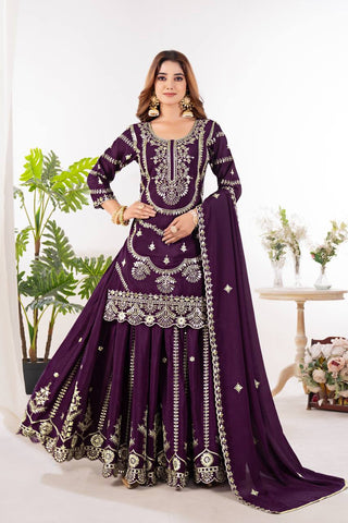 Function Wear Wine Color Embroidery With Coding Sequence Work Palazzo Suit