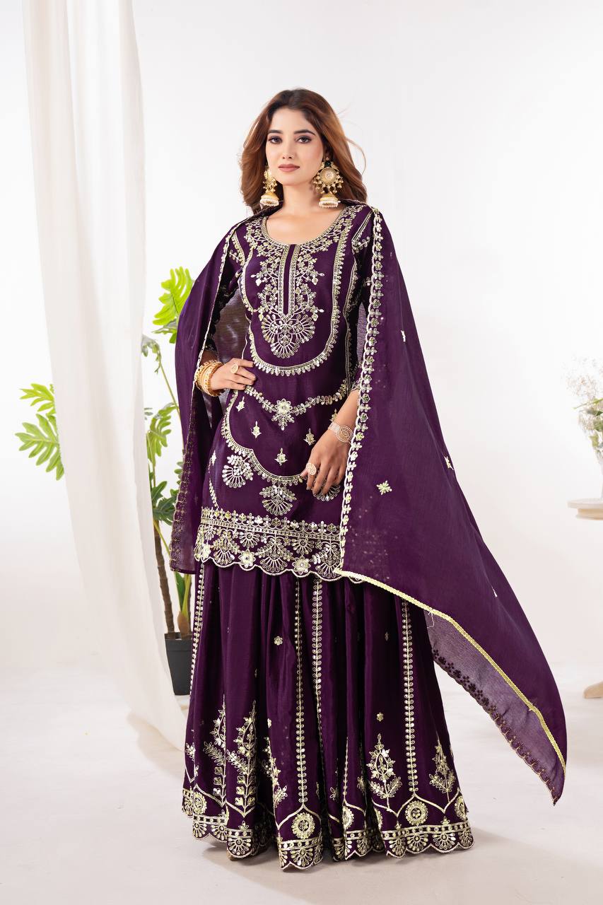 Function Wear Wine Color Embroidery With Coding Sequence Work Palazzo Suit