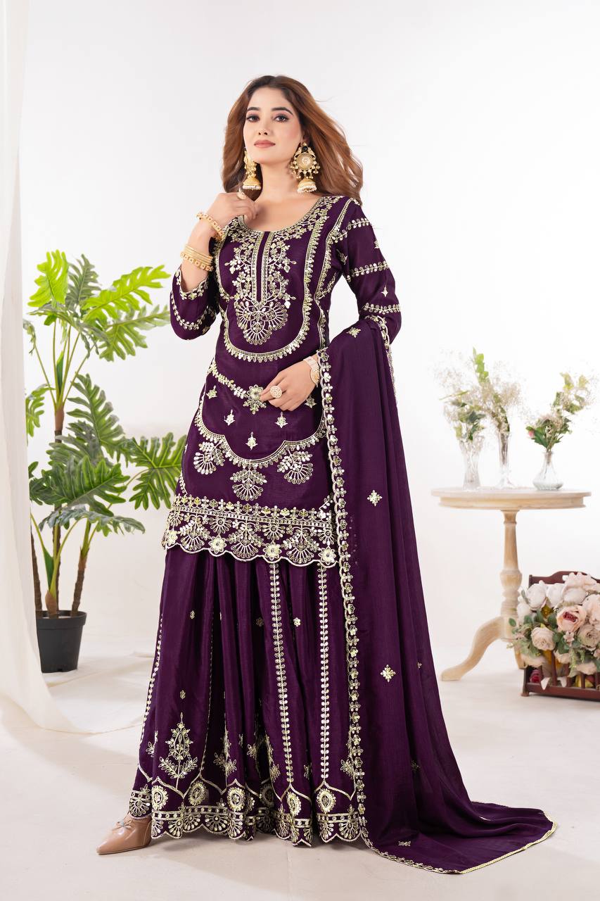 Function Wear Wine Color Embroidery With Coding Sequence Work Palazzo Suit
