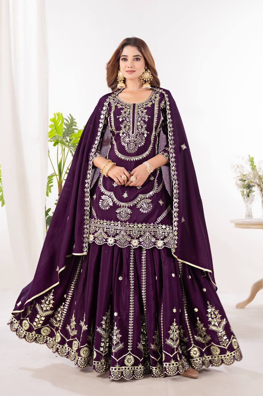 Function Wear Wine Color Embroidery With Coding Sequence Work Palazzo Suit