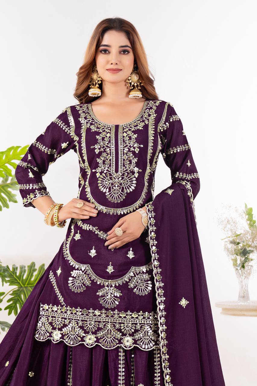 Function Wear Wine Color Embroidery With Coding Sequence Work Palazzo Suit