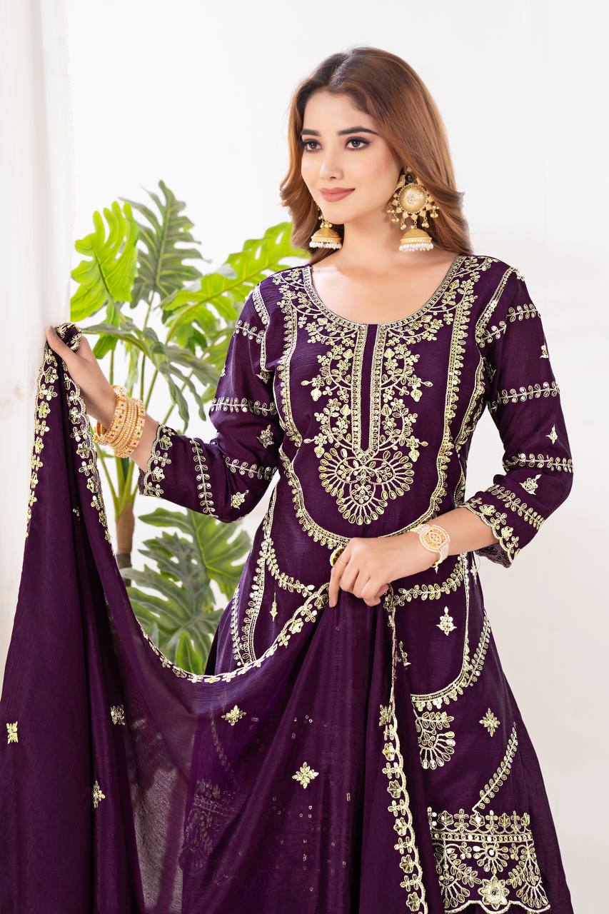 Function Wear Wine Color Embroidery With Coding Sequence Work Palazzo Suit
