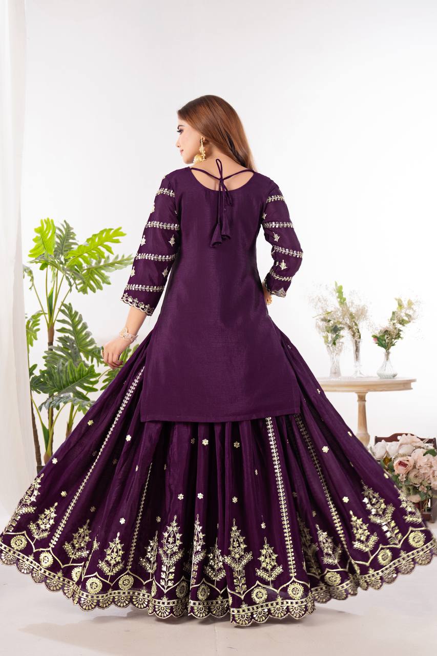 Function Wear Wine Color Embroidery With Coding Sequence Work Palazzo Suit