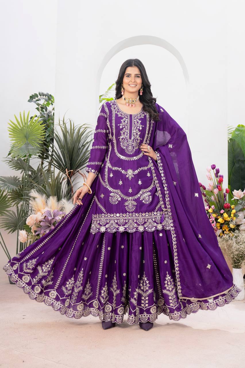 Ceremony Wear Purple Color Embroidery With Coding Sequence Work Palazzo Suit