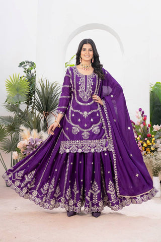 Ceremony Wear Purple Color Embroidery With Coding Sequence Work Palazzo Suit