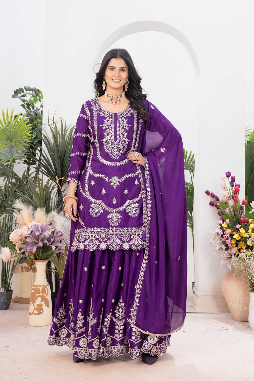 Ceremony Wear Purple Color Embroidery With Coding Sequence Work Palazzo Suit
