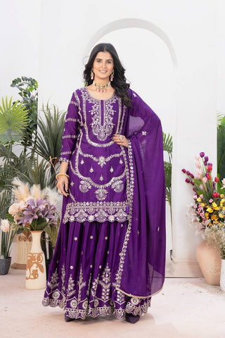 Ceremony Wear Purple Color Embroidery With Coding Sequence Work Palazzo Suit