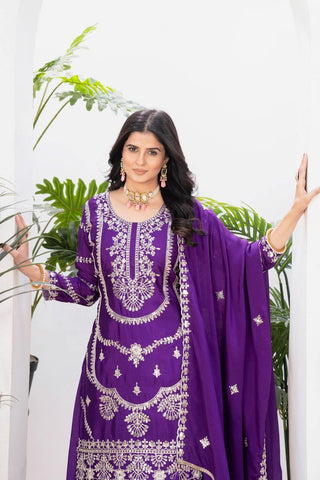 Ceremony Wear Purple Color Embroidery With Coding Sequence Work Palazzo Suit
