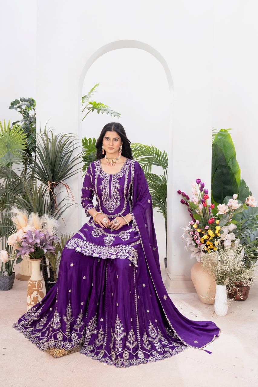 Ceremony Wear Purple Color Embroidery With Coding Sequence Work Palazzo Suit