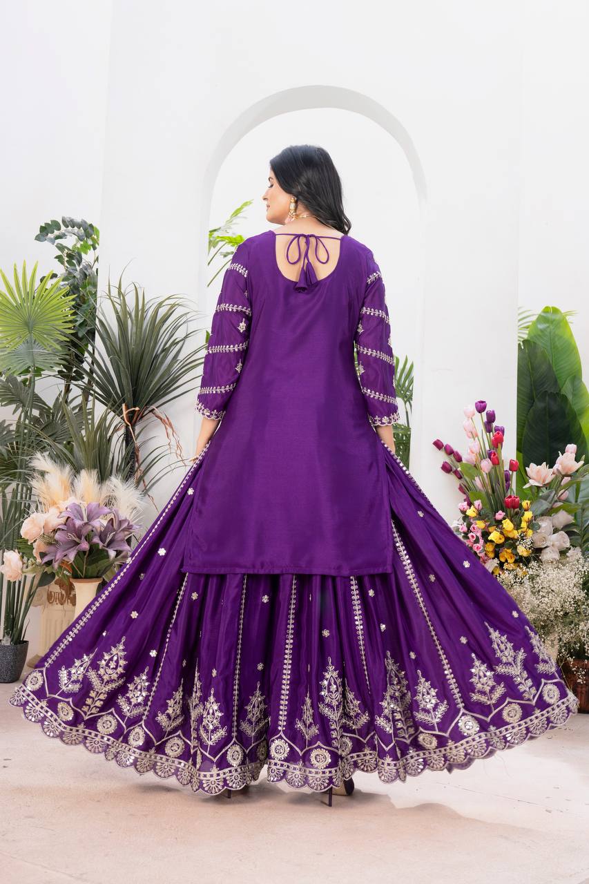 Ceremony Wear Purple Color Embroidery With Coding Sequence Work Palazzo Suit