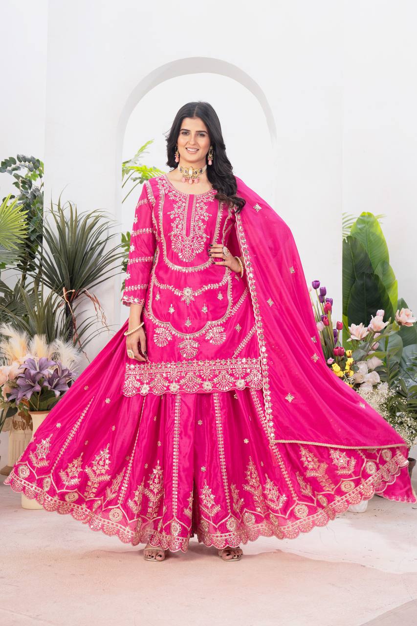 Ceremony Wear Pink Color Embroidery With Coding Sequence Work Palazzo Suit