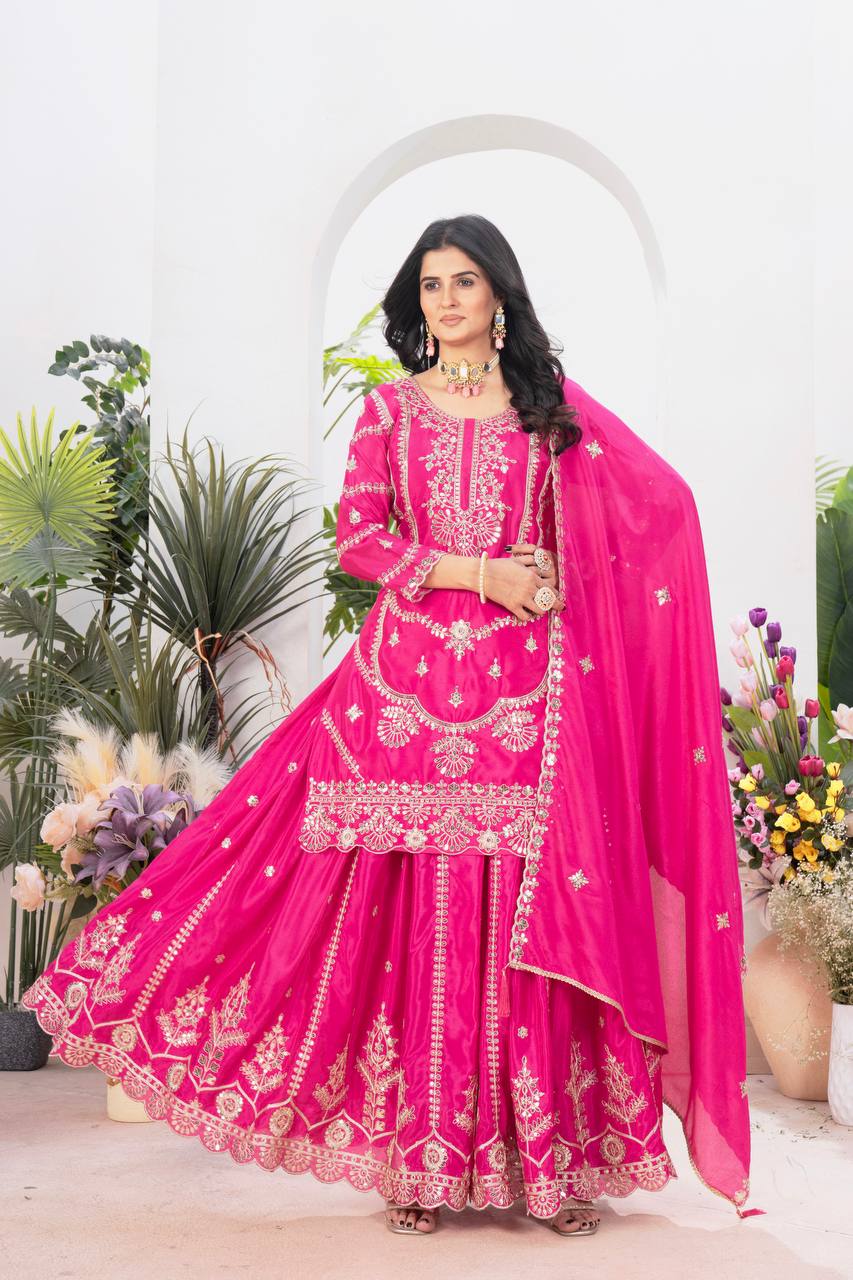 Ceremony Wear Pink Color Embroidery With Coding Sequence Work Palazzo Suit