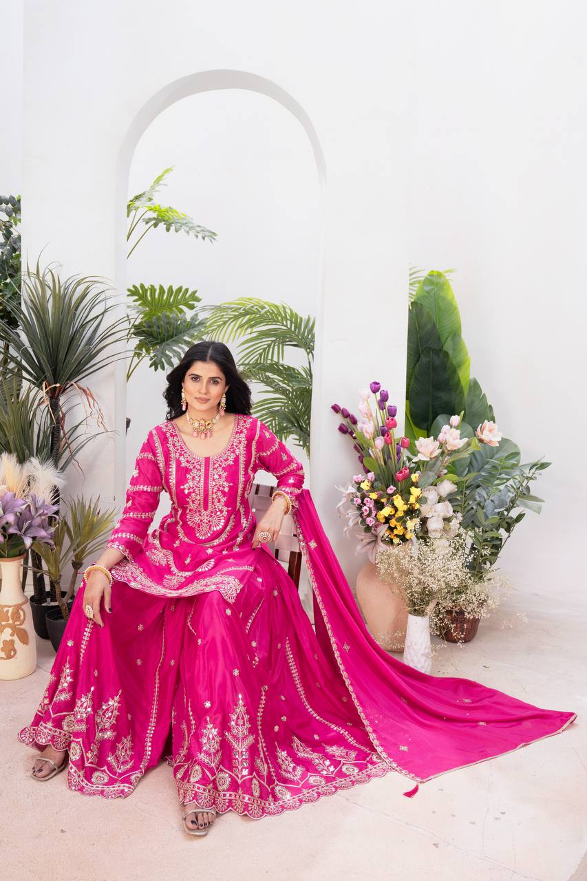Ceremony Wear Pink Color Embroidery With Coding Sequence Work Palazzo Suit
