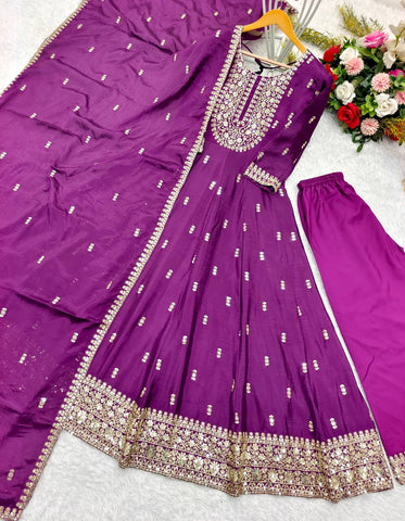 Ceremony Wear Purple Color Sequin Embroidery Work Beautiful Gown