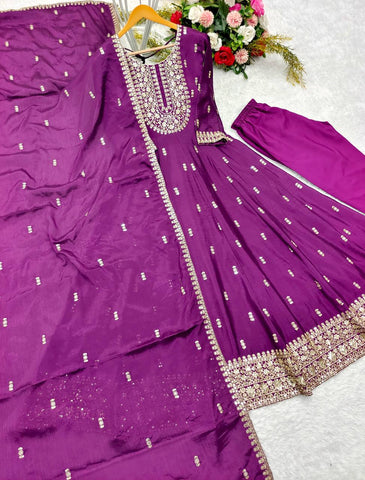 Ceremony Wear Purple Color Sequin Embroidery Work Beautiful Gown