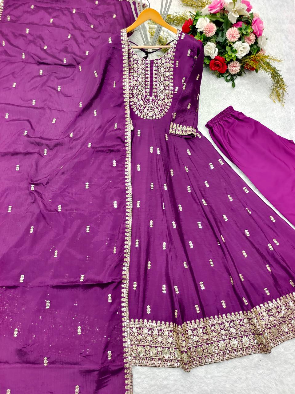 Ceremony Wear Purple Color Sequin Embroidery Work Beautiful Gown