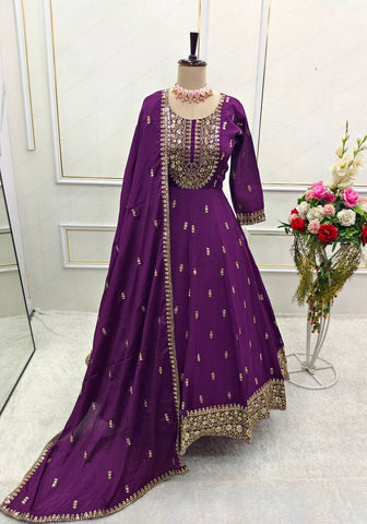 Ceremony Wear Purple Color Sequin Embroidery Work Beautiful Gown