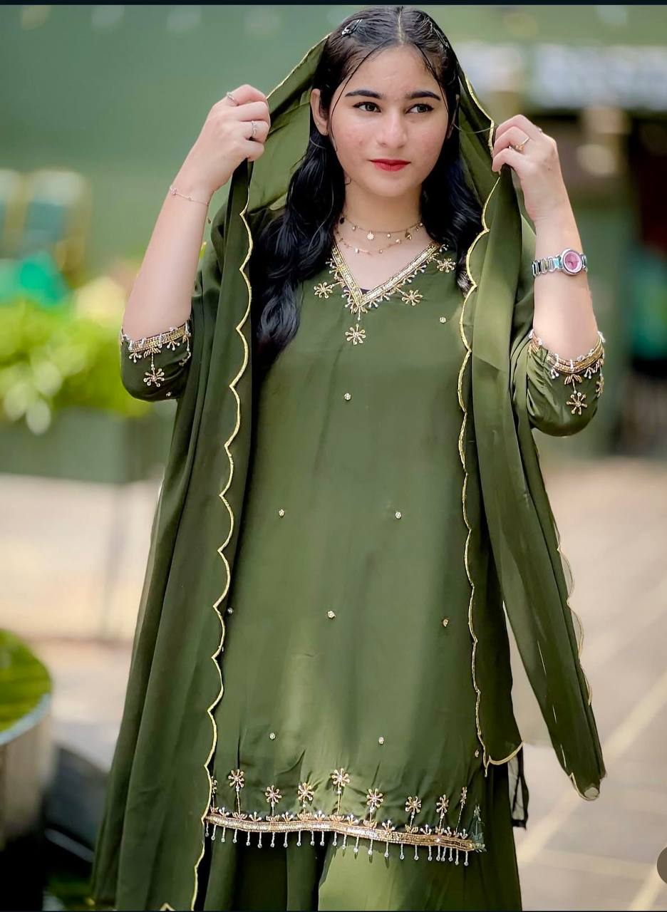 Festive Wear Green Color Sequence Embroidery Work Sharara Suit