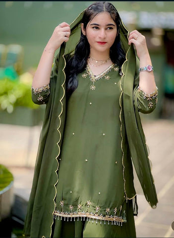 Festive Wear Green Color Sequence Embroidery Work Sharara Suit