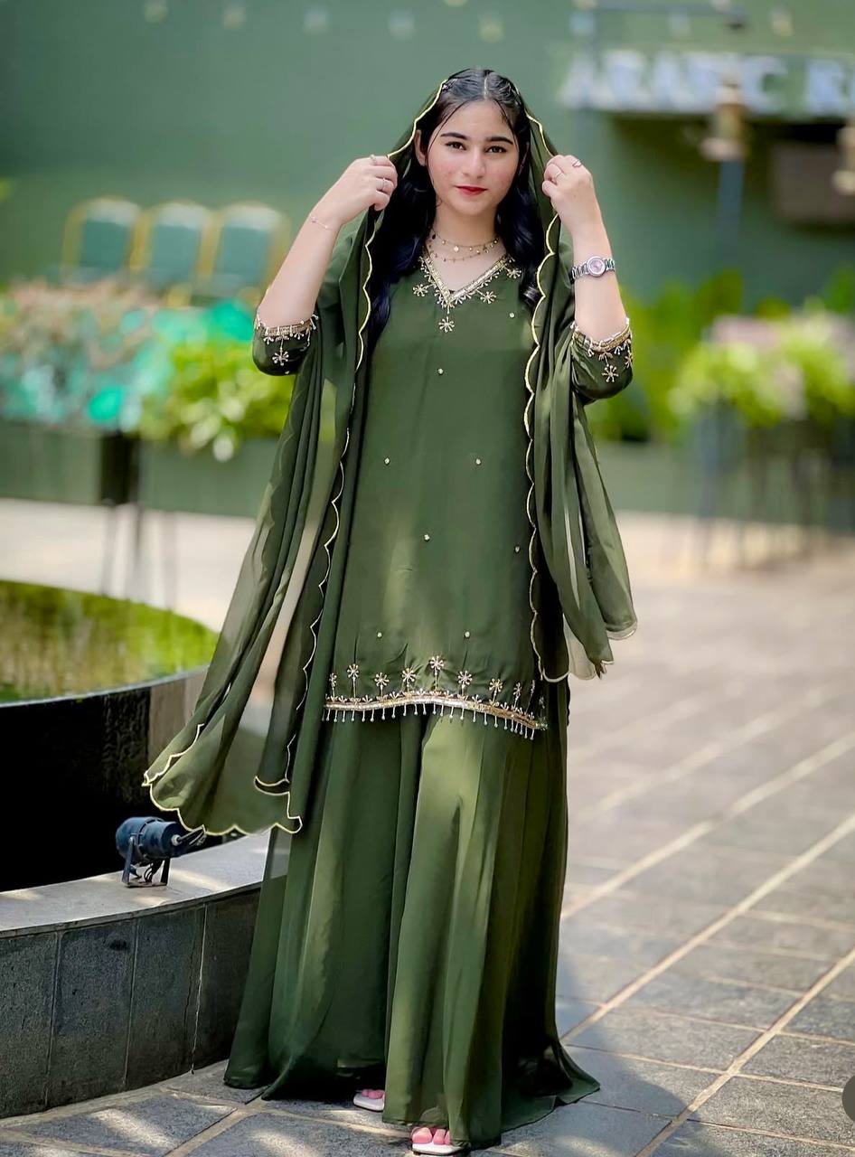 Festive Wear Green Color Sequence Embroidery Work Sharara Suit
