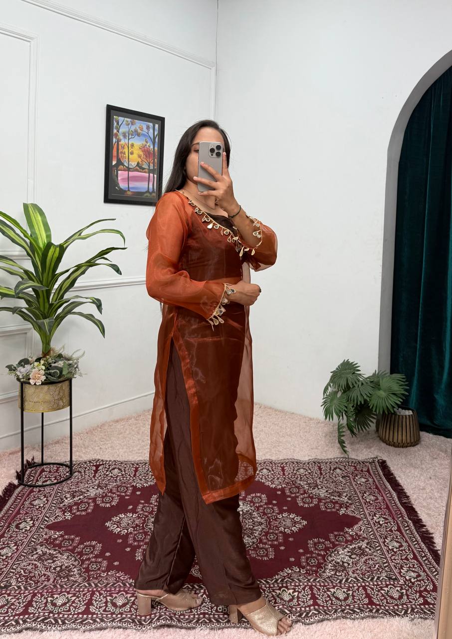 Mesmerizing Coffee Color Organza With Mirror Lace Work Fully Stitch Salwar Suit