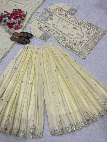 Festive Wear Off White Color Sequence Embroidery Work Sharara Suit