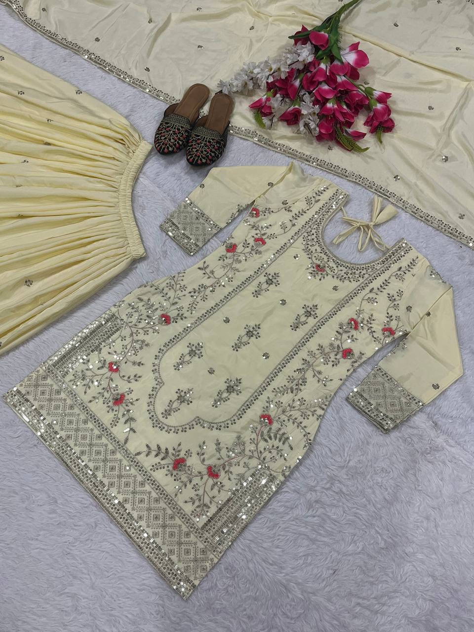 Festive Wear Off White Color Sequence Embroidery Work Sharara Suit