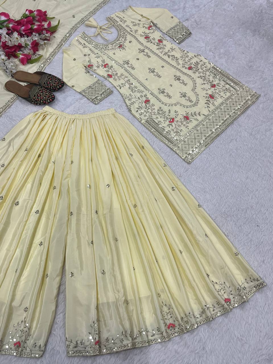 Festive Wear Off White Color Sequence Embroidery Work Sharara Suit