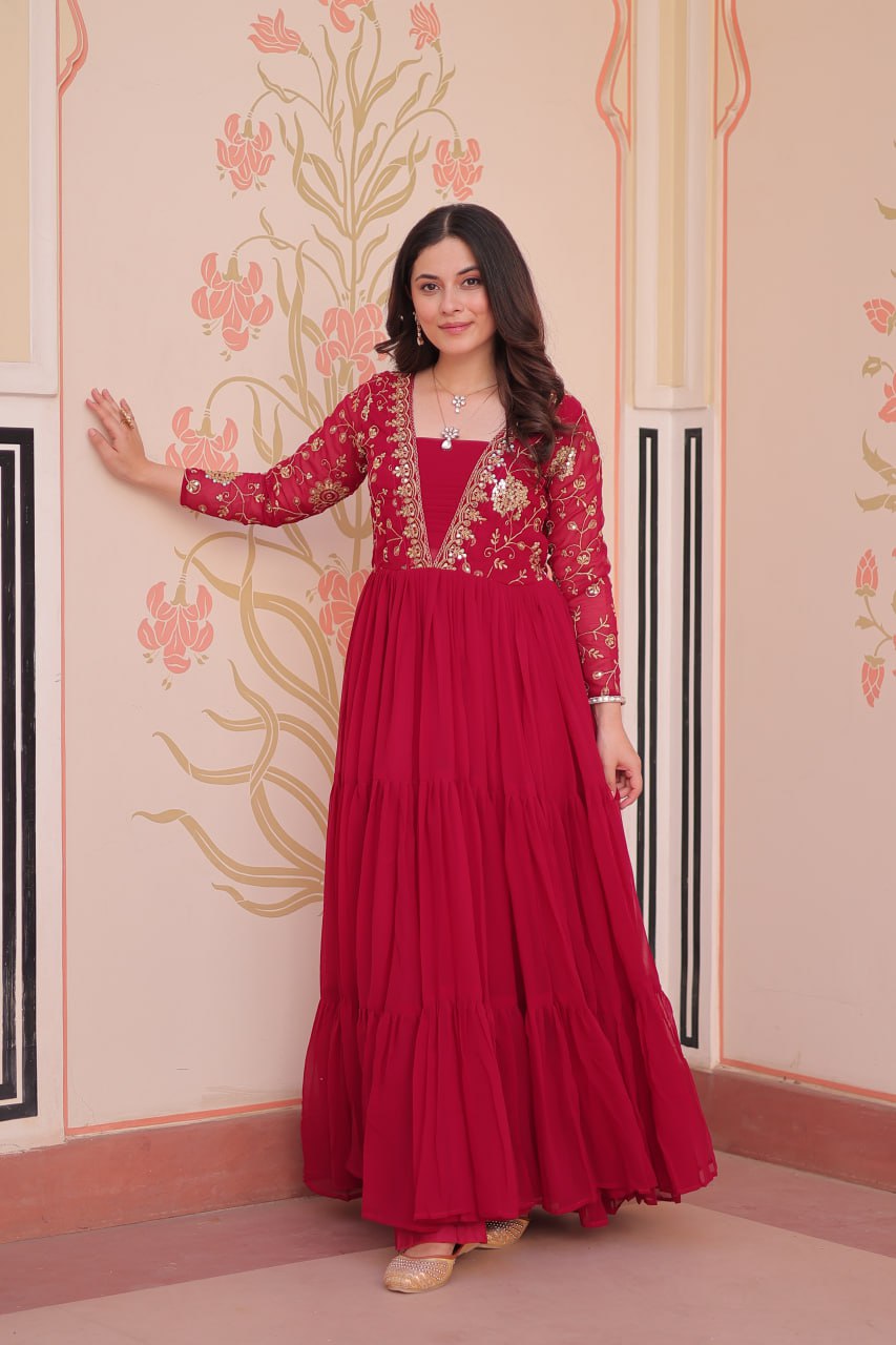 Party Wear Rani Pink Color Sequins And Zari Embroidered Work Designer Gown