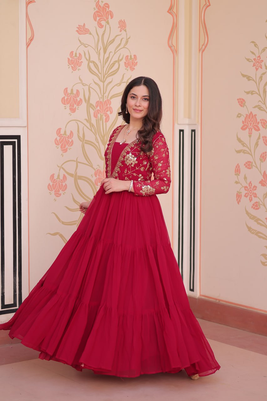 Party Wear Rani Pink Color Sequins And Zari Embroidered Work Designer Gown